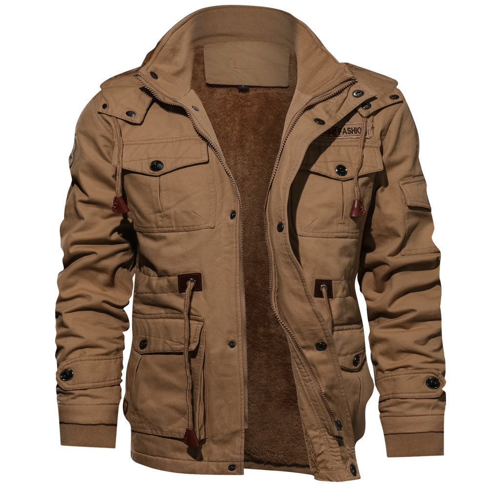 Winter Zip-up Coat Warm Thickened Detachable Hooded Jacket Multi-pocket  Button Drawstring Long Sleeve Tops Men&