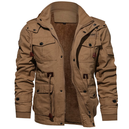 Winter Zip-up Coat Warm Thickened Detachable Hooded Jacket Multi-pocket  Button Drawstring Long Sleeve Tops Men&