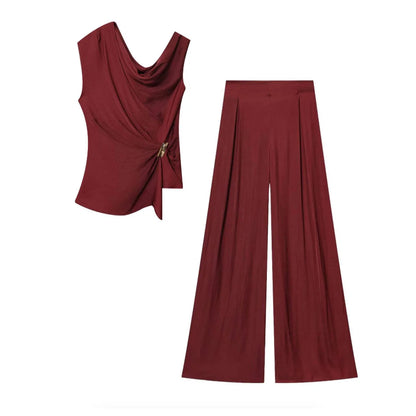 HH Women Elegant Pants Suit Dew Shoulder Golden Button Sleeveless Solid Short Top+Pleated High-Waisted Wide Leg Long Pant - T&amp;A enterprises