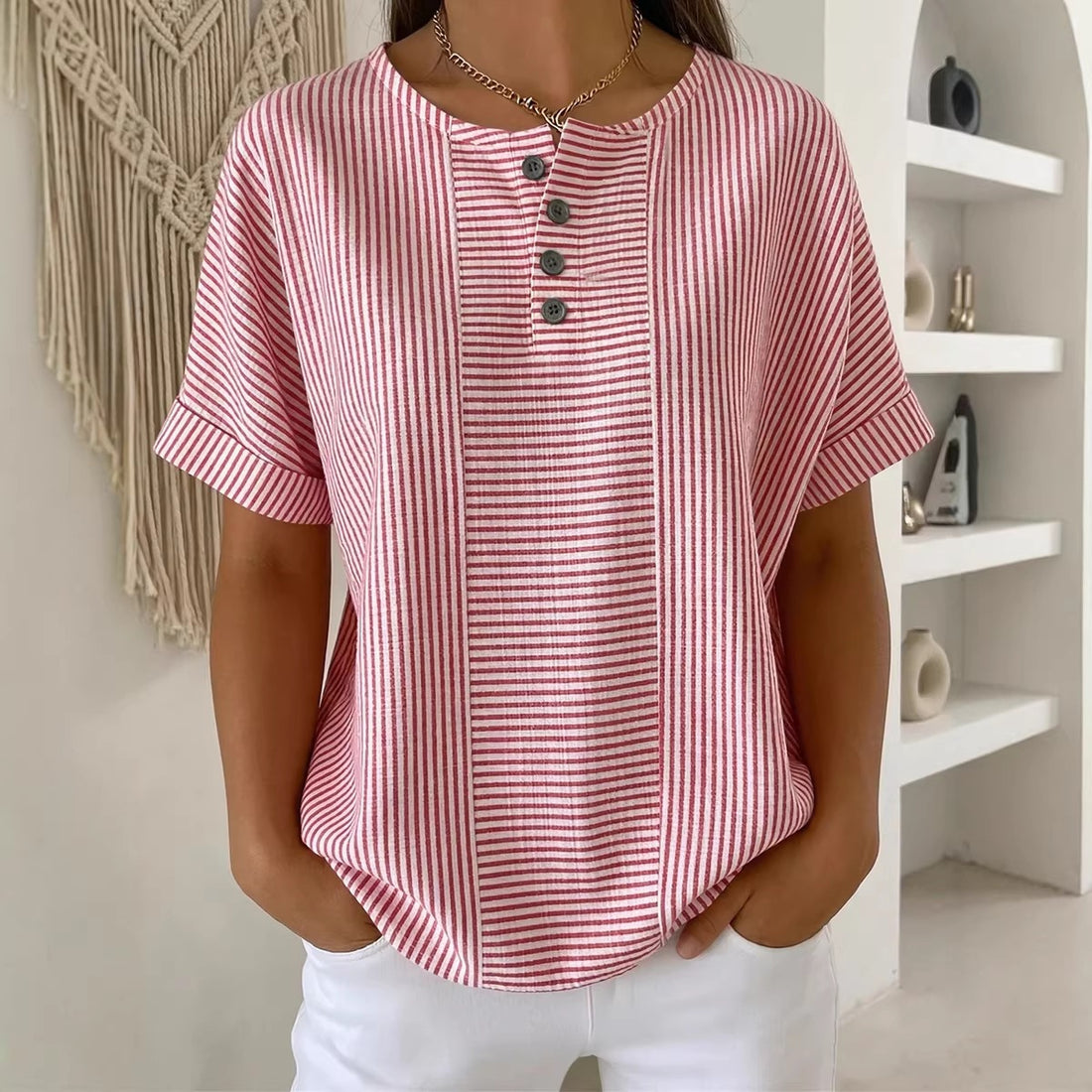 Casual Solid Color V-Neck Buttoned Striped Cotton-Linen T-Shirt - T&amp;A enterprises