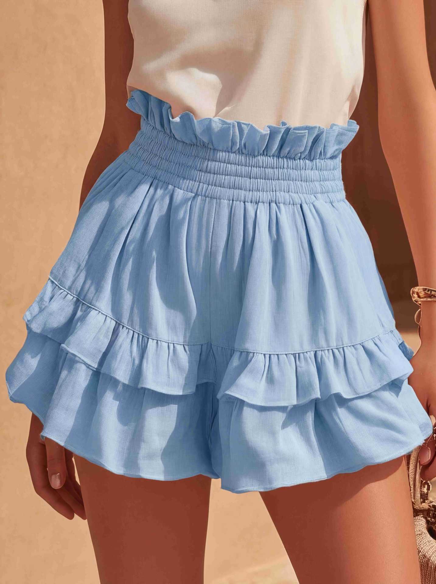 Fashionable Cinched Waist Ruffle Trim Casual Shorts - T&amp;A enterprises
