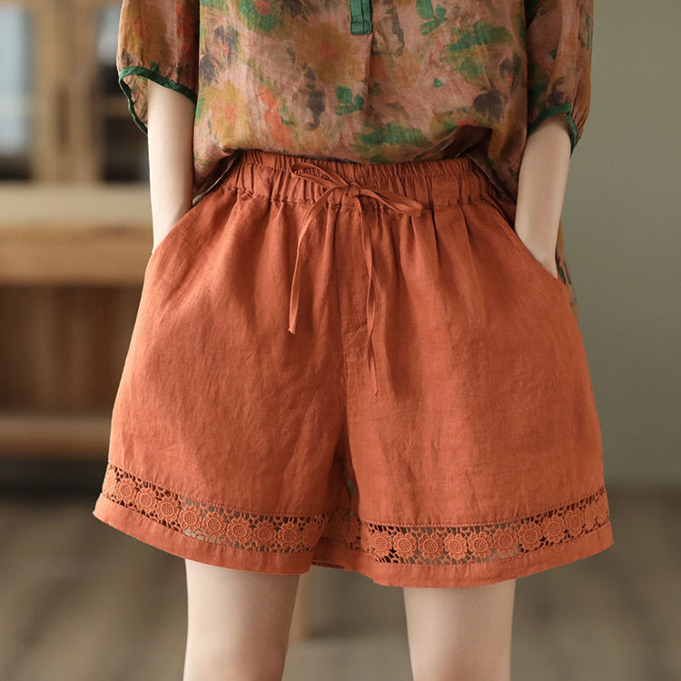 Thin Elastic-Waist Lace-up Hollowed-Out Casual Cotton-Linen Straight Pants - T&amp;A enterprises