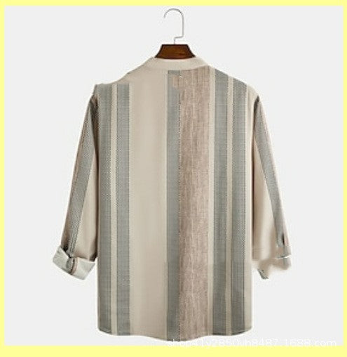 Striped Stand Collar Slub Linen Casual Shirt For Men - T&amp;A enterprises