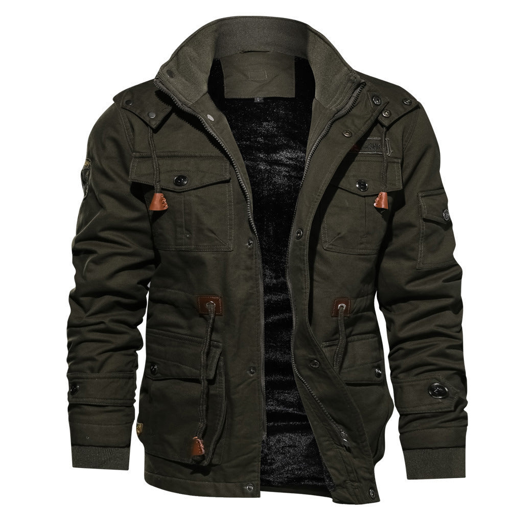 Winter Zip-up Coat Warm Thickened Detachable Hooded Jacket Multi-pocket  Button Drawstring Long Sleeve Tops Men&