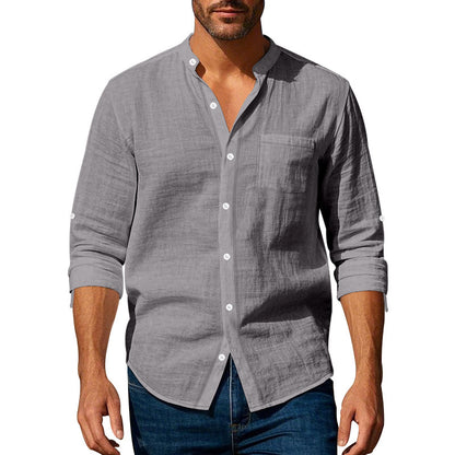 Long Sleeve Stand Collar Shirt With Pockets Casual Men&