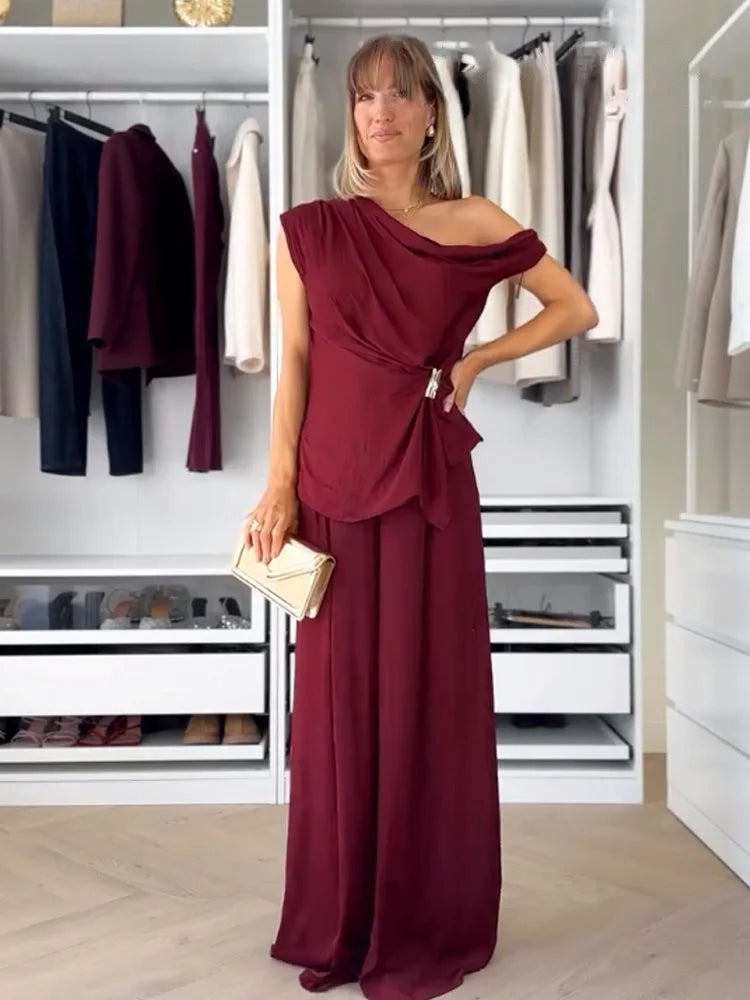 HH Women Elegant Pants Suit Dew Shoulder Golden Button Sleeveless Solid Short Top+Pleated High-Waisted Wide Leg Long Pant - T&amp;A enterprises
