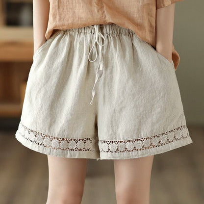 Thin Elastic-Waist Lace-up Hollowed-Out Casual Cotton-Linen Straight Pants - T&amp;A enterprises