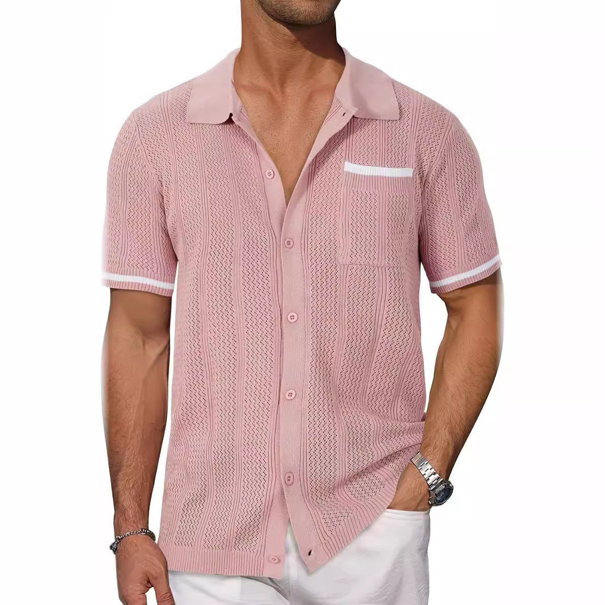 Short-sleeved Shirt Pocket Hollow Breathable Cool Summer Men&