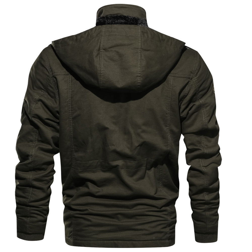 Winter Zip-up Coat Warm Thickened Detachable Hooded Jacket Multi-pocket  Button Drawstring Long Sleeve Tops Men&