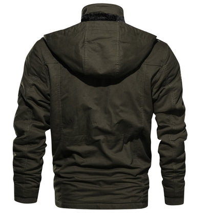 Winter Zip-up Coat Warm Thickened Detachable Hooded Jacket Multi-pocket  Button Drawstring Long Sleeve Tops Men&