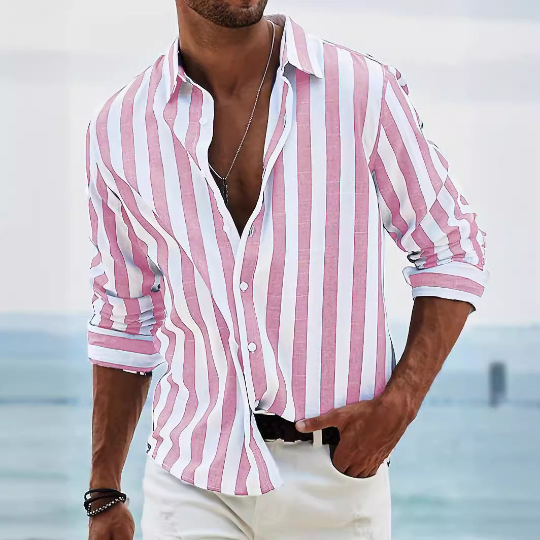 Striped Print Shirt Casual Loose Long-sleeved Shirt Men&