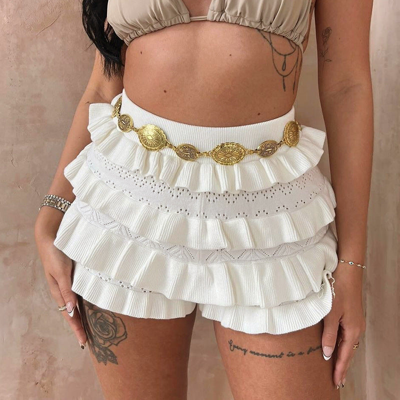 Sexy Solid-Colored High-Waisted Knitted Multi-Layer Ruffle-Trimmed Shorts - T&amp;A enterprises