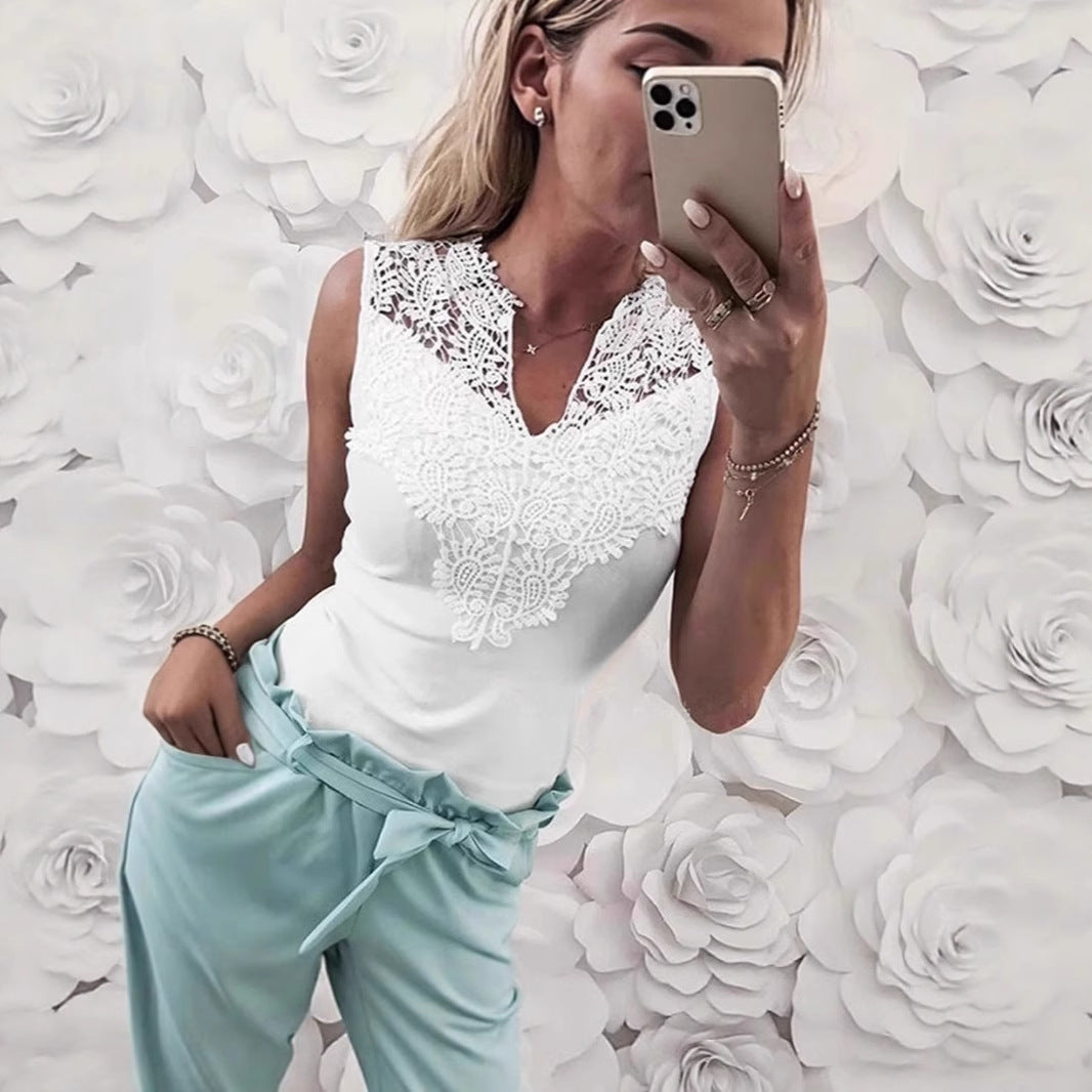 V-Neck Lace-trimmed Patchwork Sleeveless Pullover T-Shirt For Women - T&amp;A enterprises
