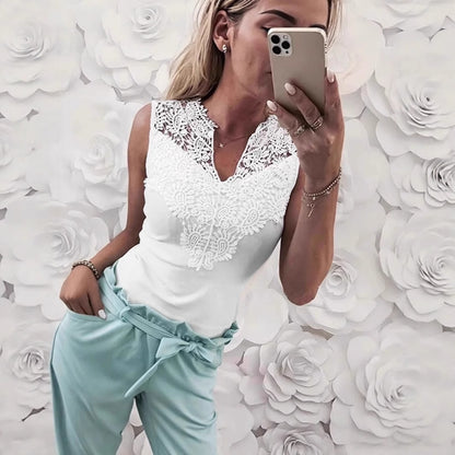 V-Neck Lace-trimmed Patchwork Sleeveless Pullover T-Shirt For Women - T&amp;A enterprises