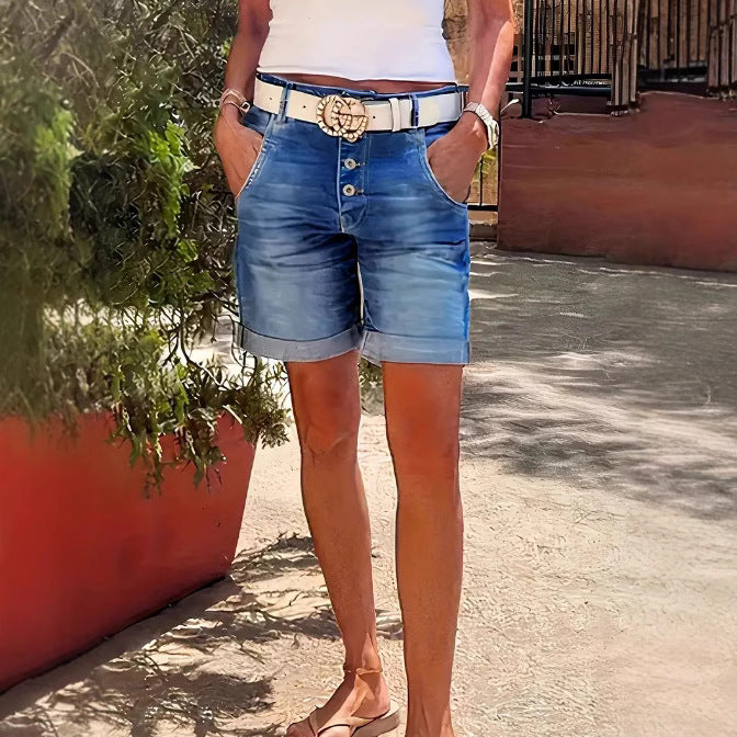 Womens High-Waist Denim Cropped Pants With Elastic Waist And Rolled Hem - T&amp;A enterprises
