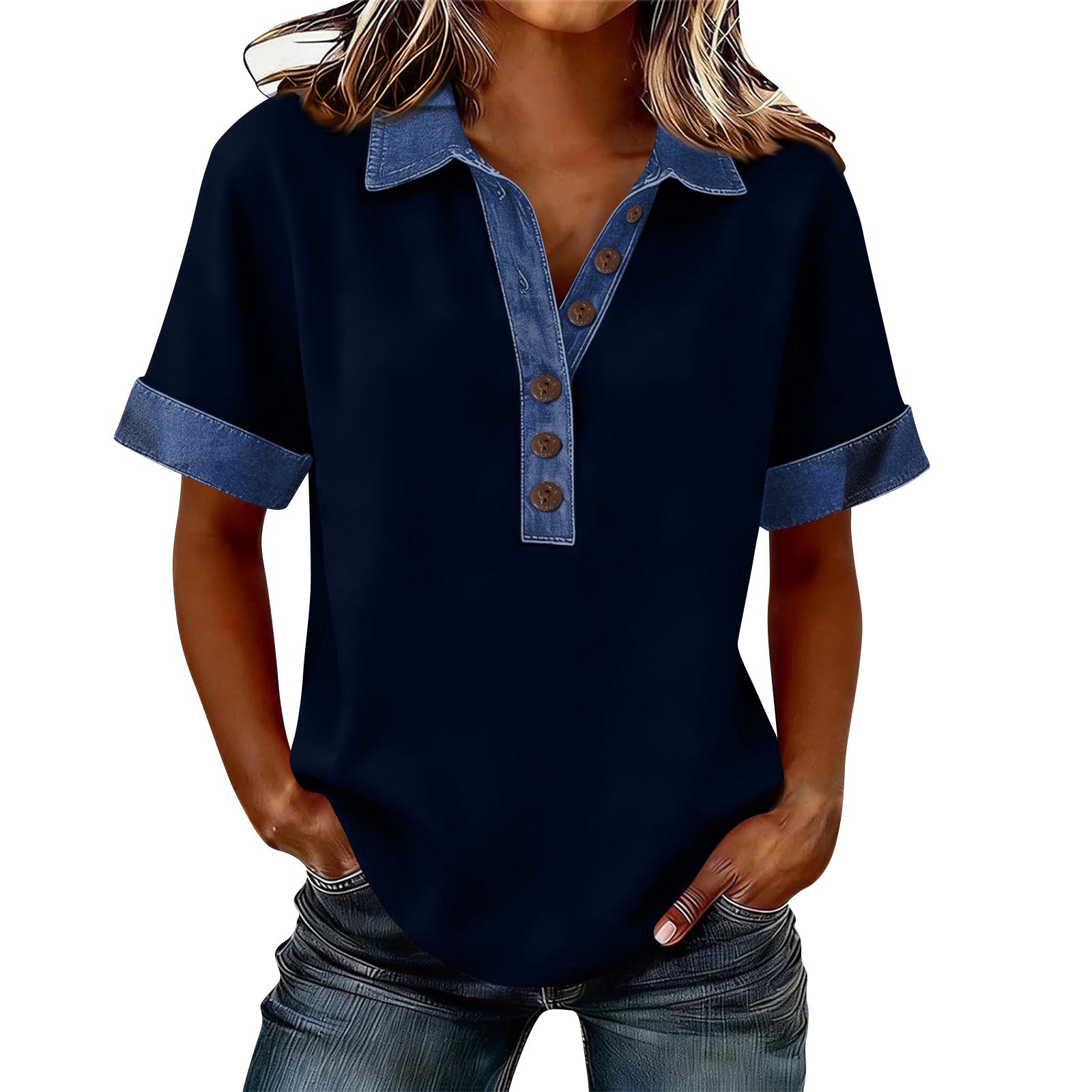 Summer New Denim Patchwork Polo Shirt - T&amp;A enterprises