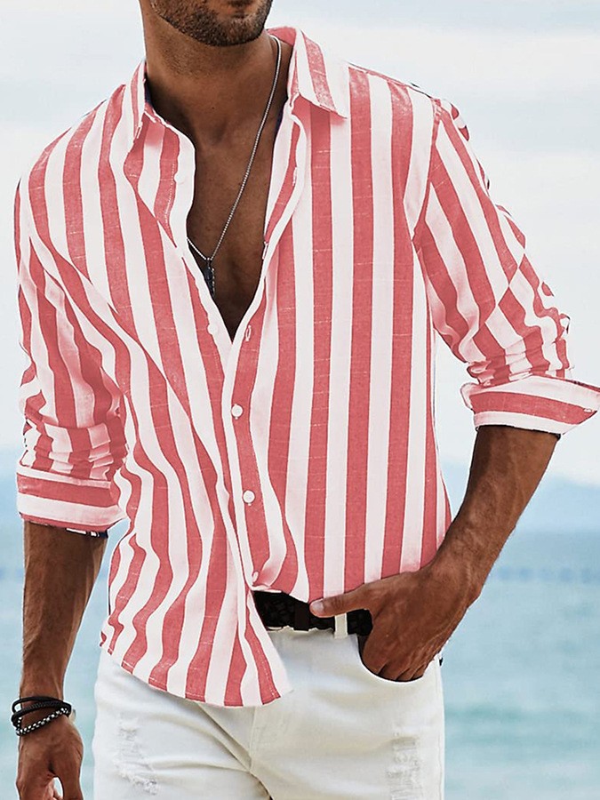 Striped Print Shirt Casual Loose Long-sleeved Shirt Men&