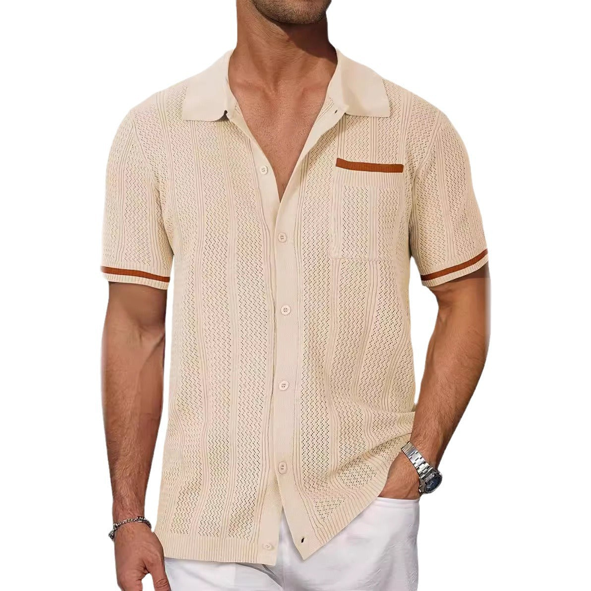 Short-sleeved Shirt Pocket Hollow Breathable Cool Summer Men&