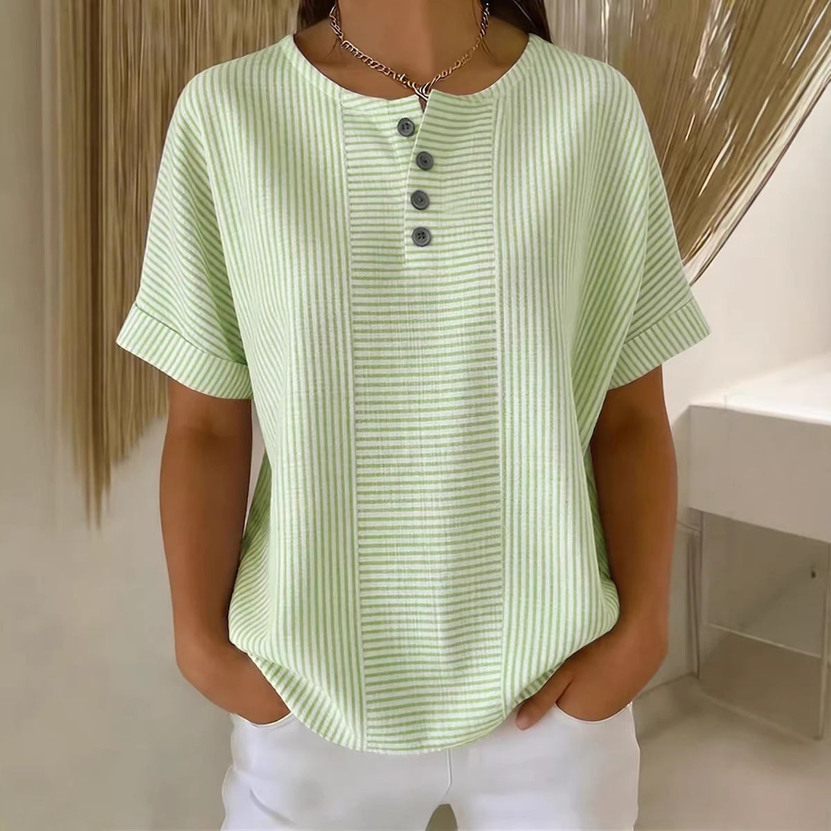 Casual Solid Color V-Neck Buttoned Striped Cotton-Linen T-Shirt - T&amp;A enterprises