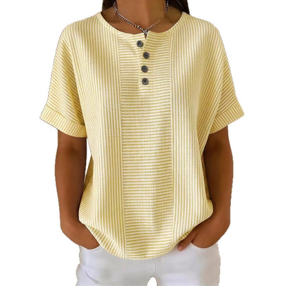 Casual Solid Color V-Neck Buttoned Striped Cotton-Linen T-Shirt - T&amp;A enterprises