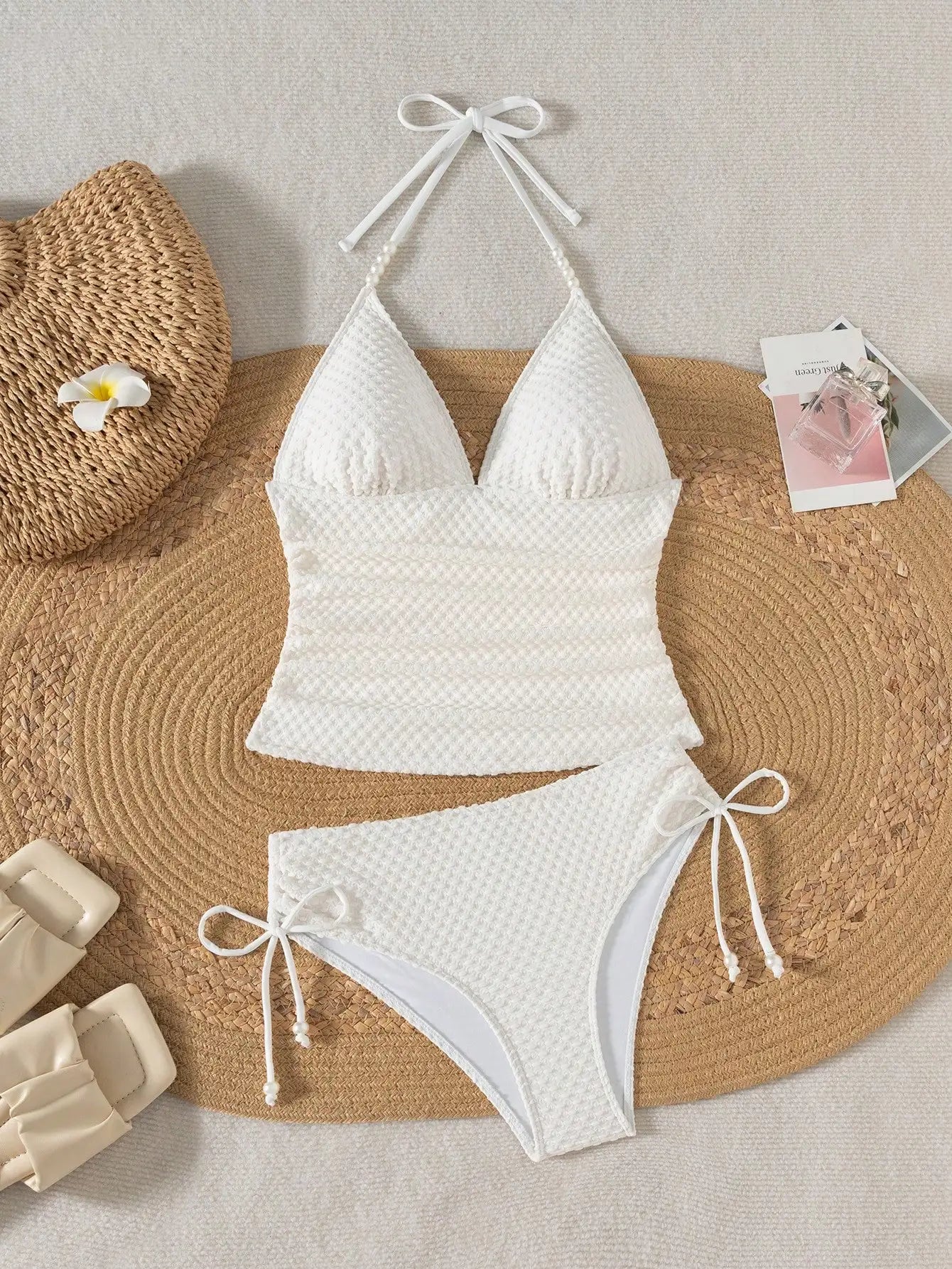Women White Knitted Jacquard Beaded Drawstring Halter Neck Bikini Set - T&amp;A enterprises