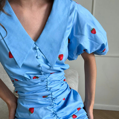 Blue Strawberry Print Ruched Mini Dress - T&amp;A enterprises