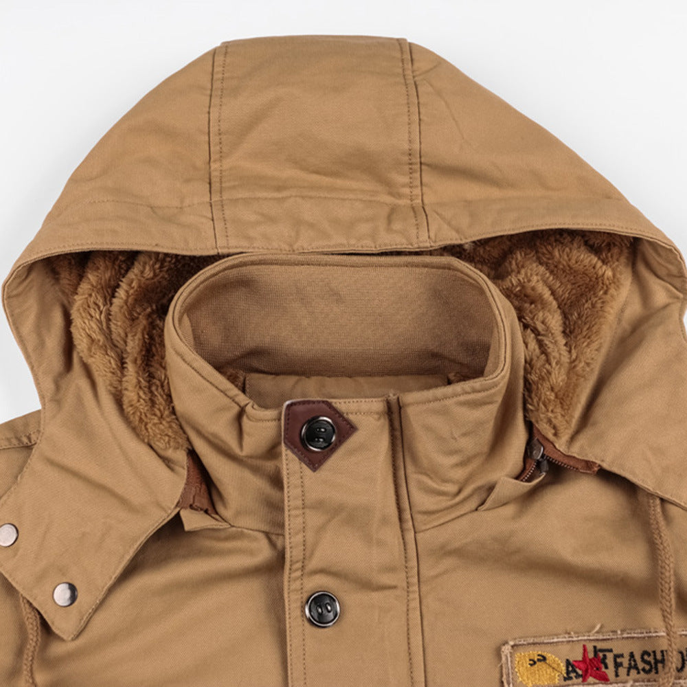 Winter Zip-up Coat Warm Thickened Detachable Hooded Jacket Multi-pocket  Button Drawstring Long Sleeve Tops Men&