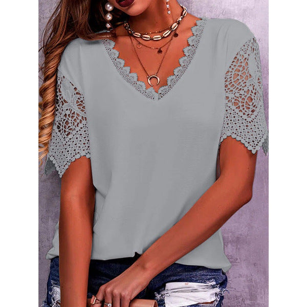 Lace Tops Women Summer Loose V Neck Short Sleeve Casual Shirts - T&amp;A enterprises