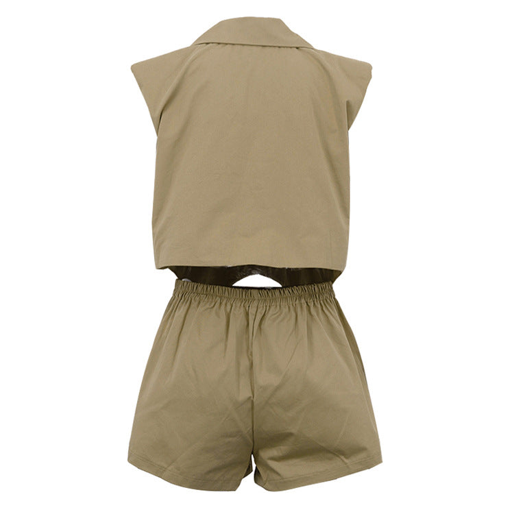 Khaki Oversized Sleeveless Blazer &amp; Shorts Co-ord Set - T&amp;A enterprises