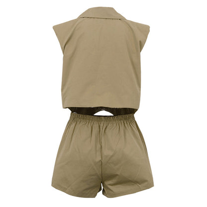 Khaki Oversized Sleeveless Blazer &amp; Shorts Co-ord Set - T&amp;A enterprises