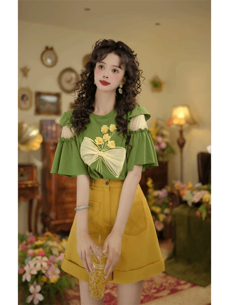 Hong Kong Sle oulder Bared Tee Dimensional Flower Women&