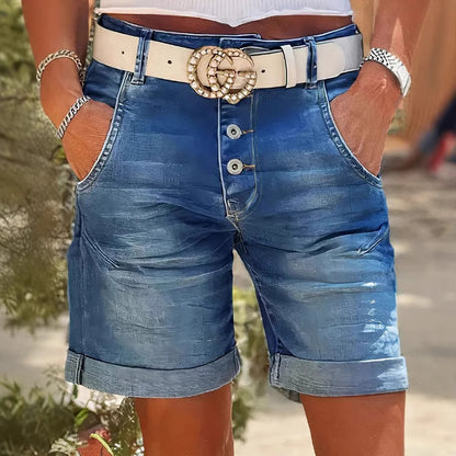 Womens High-Waist Denim Cropped Pants With Elastic Waist And Rolled Hem - T&amp;A enterprises