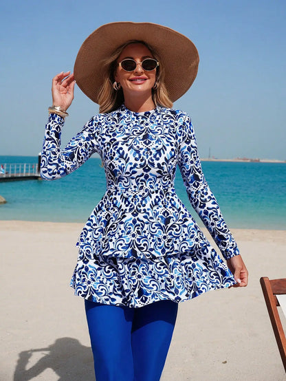Elegant Blue And White Chinoiserie Print Peplum Jacket With Wide Leg Pants Two Piece Set For Beach Summer Holiday - T&amp;A enterprises