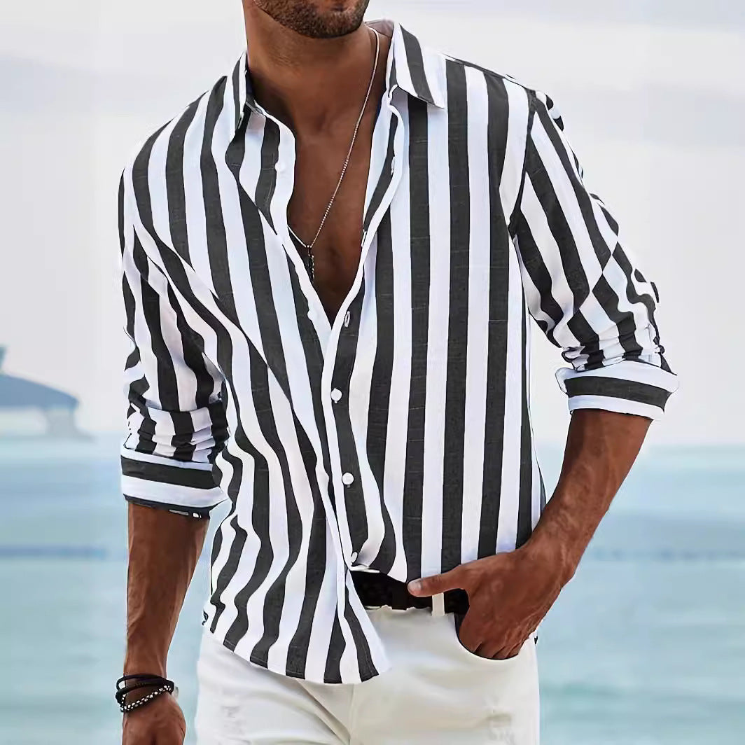 Striped Print Shirt Casual Loose Long-sleeved Shirt Men&