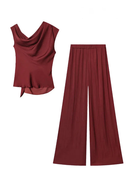 HH Women Elegant Pants Suit Dew Shoulder Golden Button Sleeveless Solid Short Top+Pleated High-Waisted Wide Leg Long Pant - T&amp;A enterprises