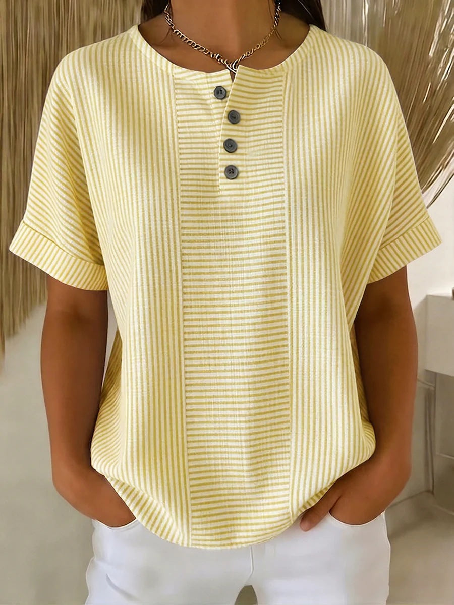 Casual Solid Color V-Neck Buttoned Striped Cotton-Linen T-Shirt - T&amp;A enterprises