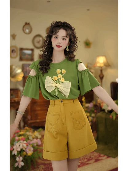 Hong Kong Sle oulder Bared Tee Dimensional Flower Women&