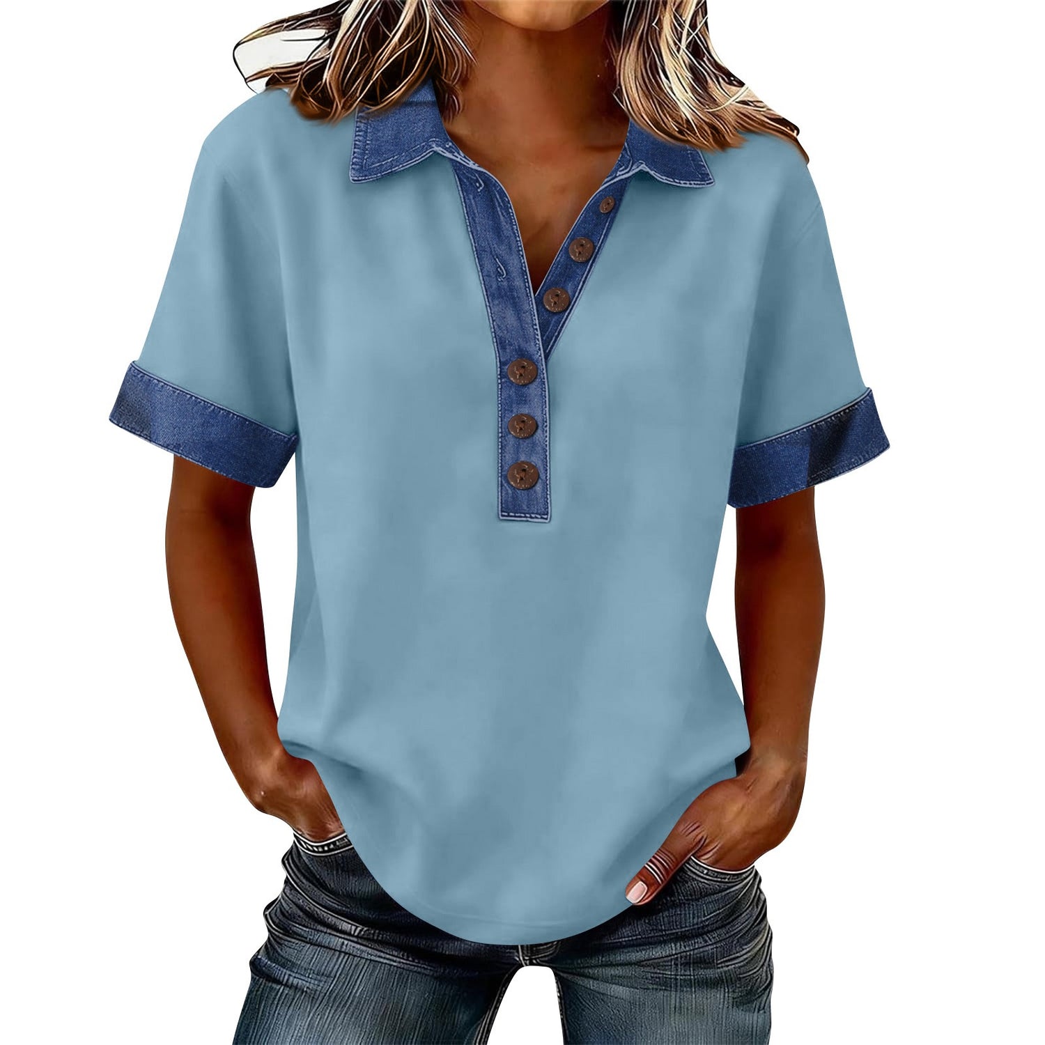Summer New Denim Patchwork Polo Shirt - T&amp;A enterprises