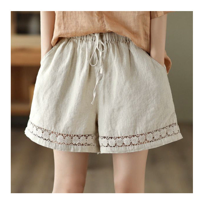 Thin Elastic-Waist Lace-up Hollowed-Out Casual Cotton-Linen Straight Pants - T&amp;A enterprises