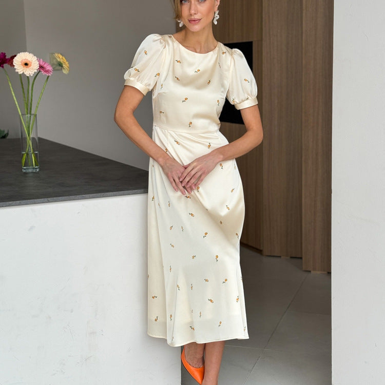 Cream Yellow Floral Print Satin Midi Dress - T&amp;A enterprises