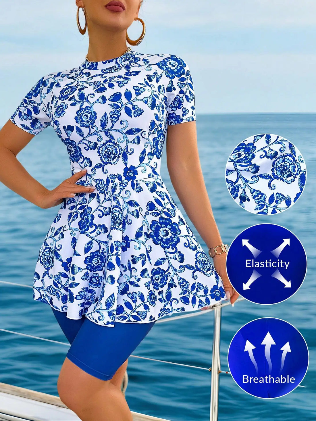 Elegant Blue And White Chinoiserie Print Peplum Jacket With Wide Leg Pants Two Piece Set For Beach Summer Holiday - T&amp;A enterprises