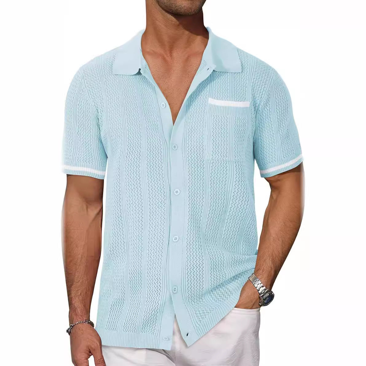 Short-sleeved Shirt Pocket Hollow Breathable Cool Summer Men&