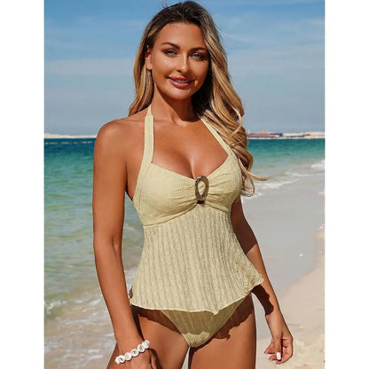 Halter Tankini Swimsuits for Women Lace O-Ring Cut Out Two Piece Tummy Control Swimsuits Bathing Suits - T&amp;A enterprises