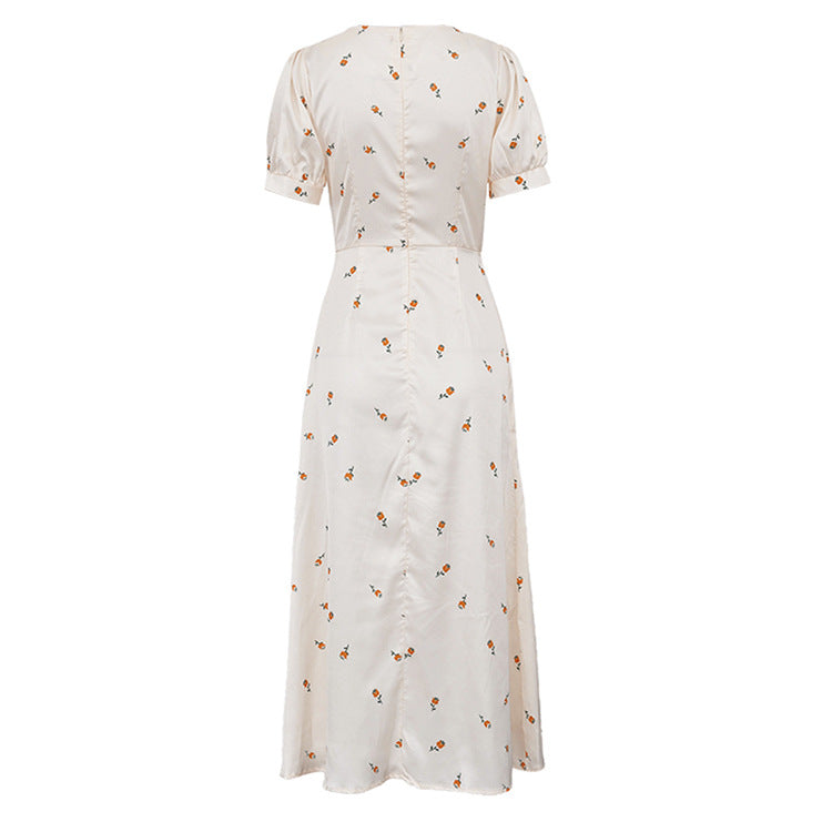 Cream Yellow Floral Print Satin Midi Dress - T&amp;A enterprises