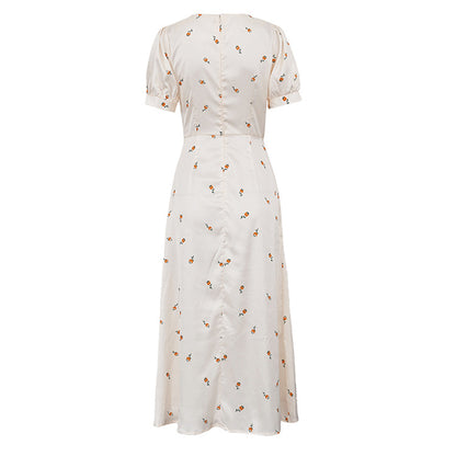 Cream Yellow Floral Print Satin Midi Dress - T&amp;A enterprises
