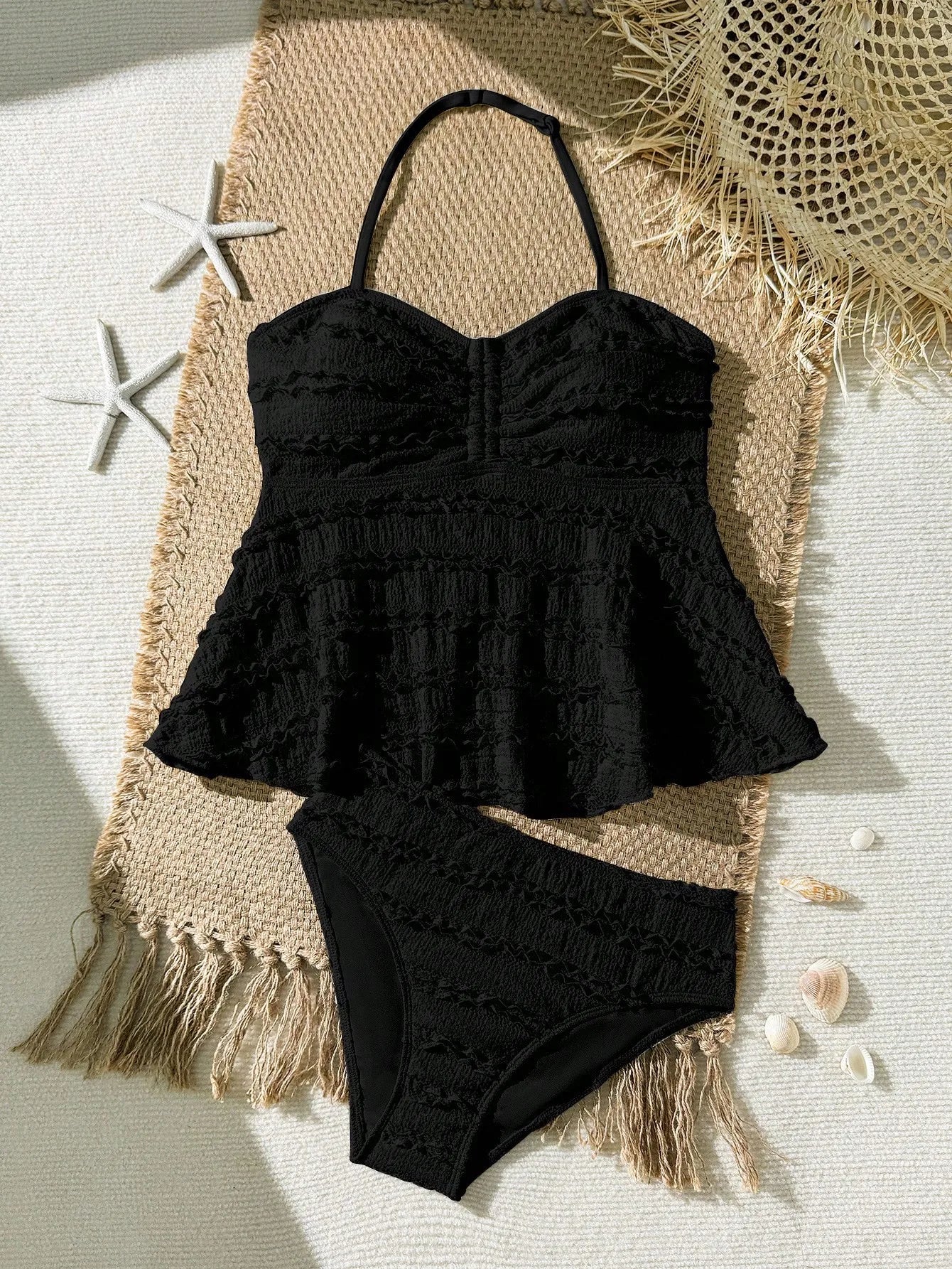 Blue Floral Tankini Set With Halter Neck And Ruffle Hem For Women
