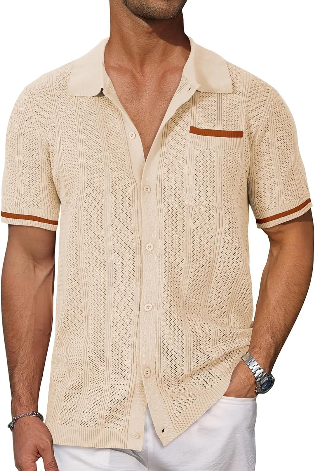 Short-sleeved Shirt Pocket Hollow Breathable Cool Summer Men&