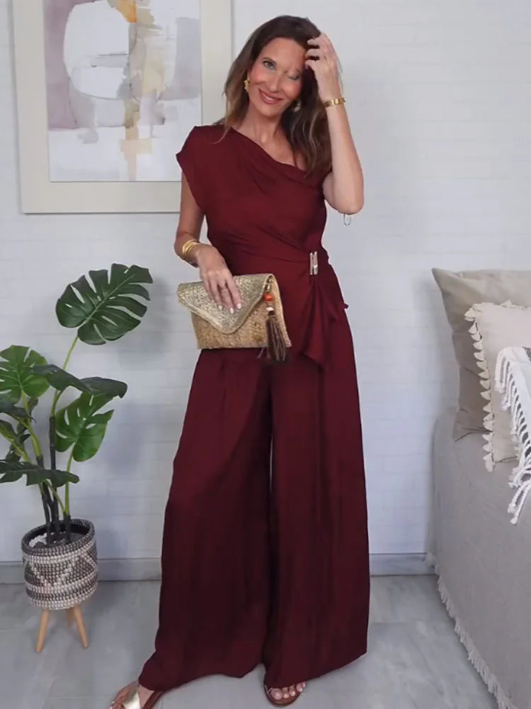 HH Women Elegant Pants Suit Dew Shoulder Golden Button Sleeveless Solid Short Top+Pleated High-Waisted Wide Leg Long Pant - T&amp;A enterprises