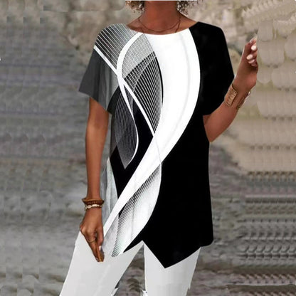 2026 European And American Summer Cross-border New Style Geometric Print Loose Short-sleeved T-shirt With Asymmetrical Hem - T&amp;A enterprises