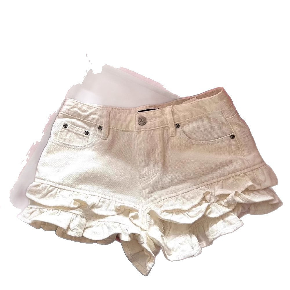 White Ruffled Panel Denim Shorts - T&amp;A enterprises